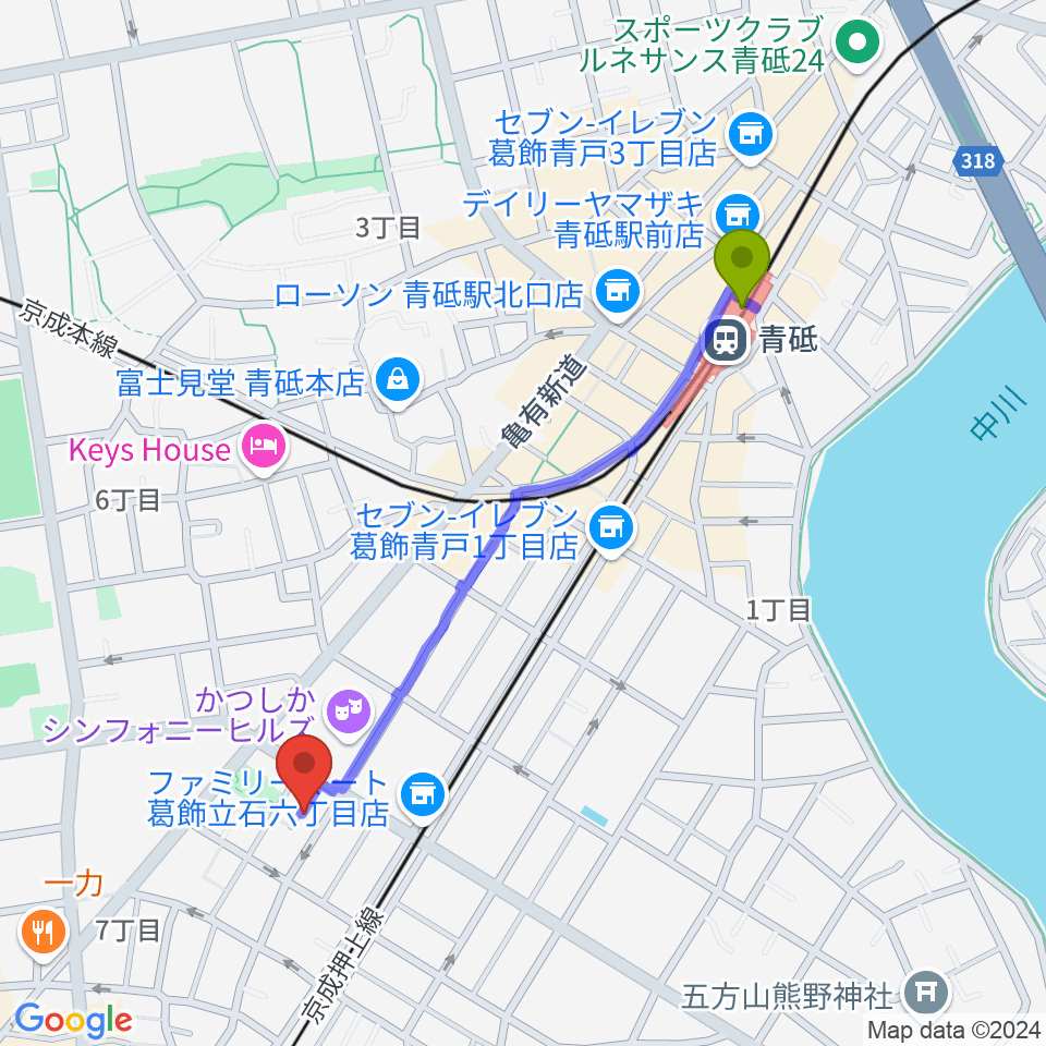 青砥駅から菊岡 中むらへのルートマップ地図