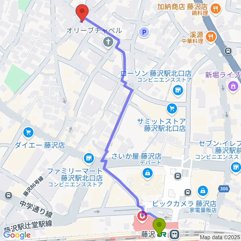 どるちぇ音楽教室レンタルスタジオの最寄駅藤沢駅からの徒歩ルート（約7分）地図