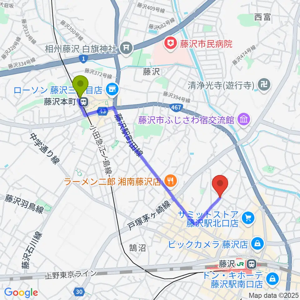 藤沢本町駅からどるちぇ音楽教室レンタルスタジオへのルートマップ地図