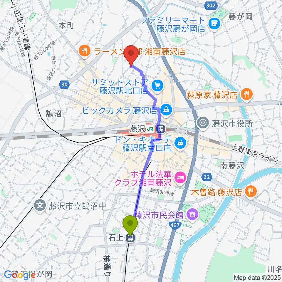 石上駅からどるちぇ音楽教室レンタルスタジオへのルートマップ地図