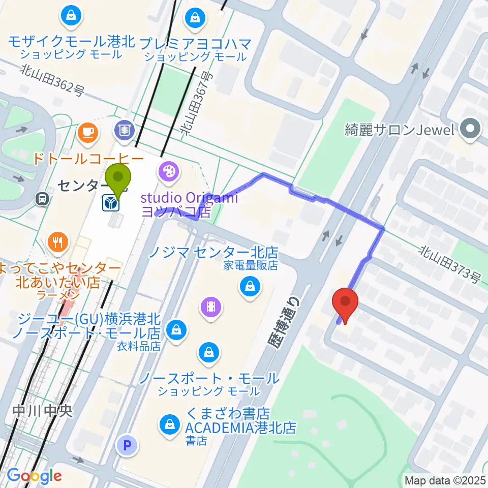アサフ音楽院の最寄駅センター北駅からの徒歩ルート（約4分）地図