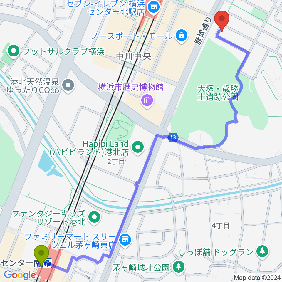 センター南駅からアサフ音楽院へのルートマップ地図