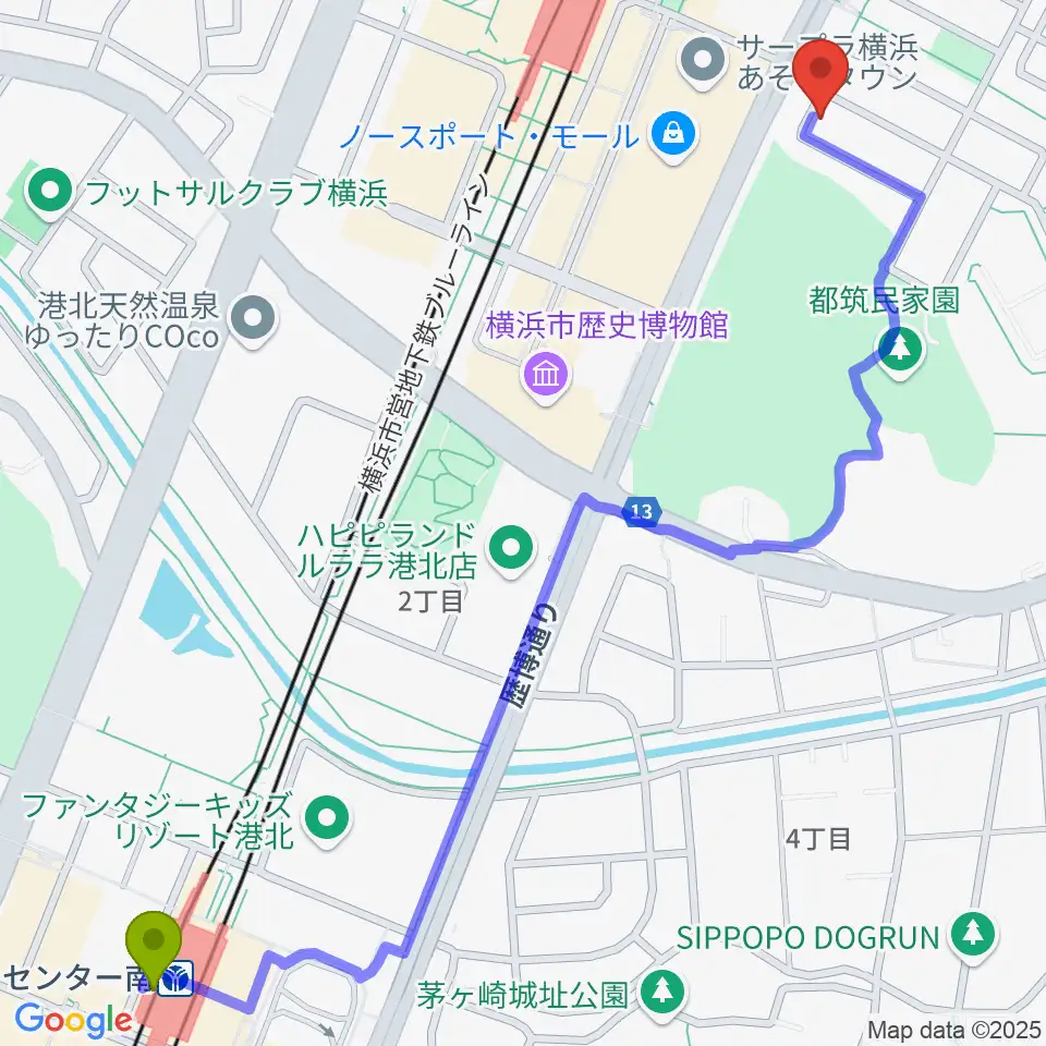 センター南駅からアサフ音楽院へのルートマップ地図