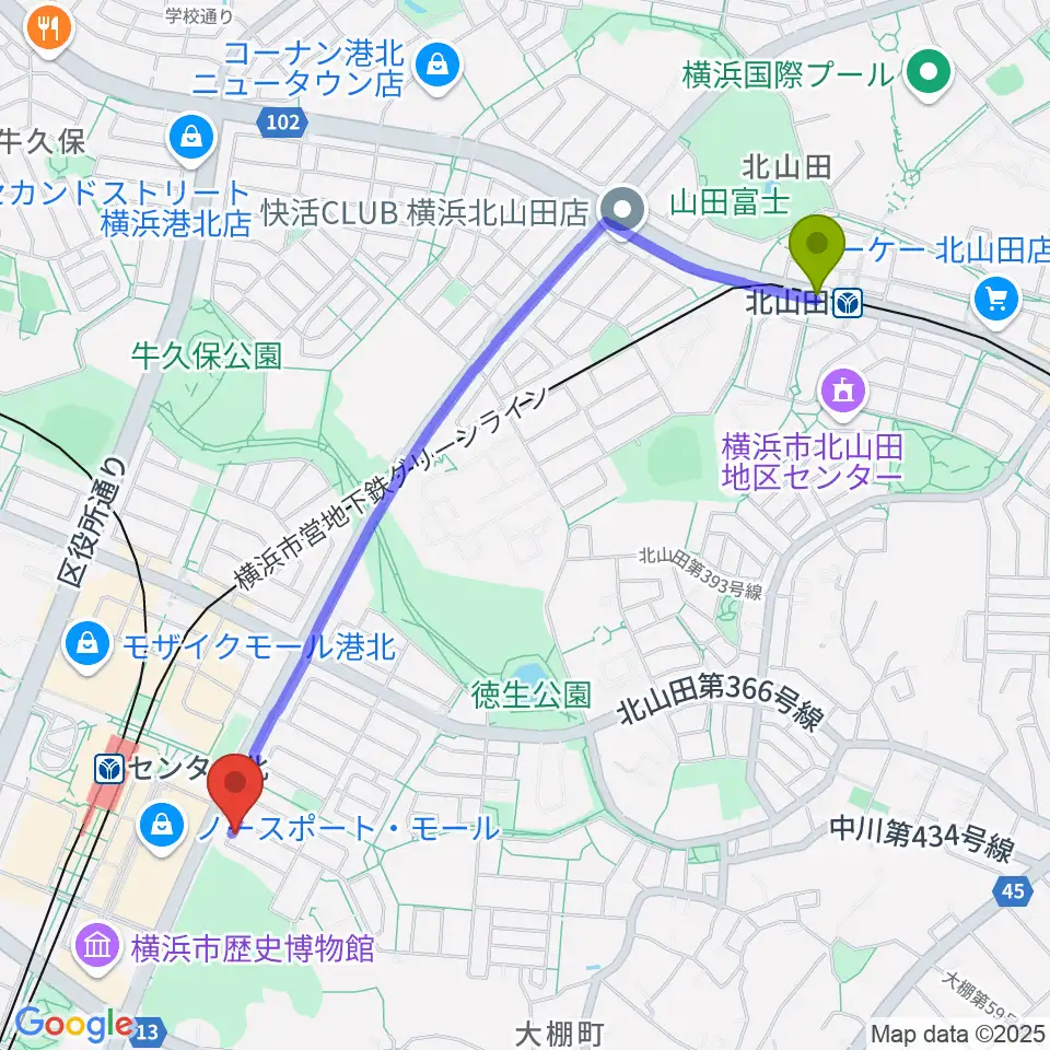北山田駅からアサフ音楽院へのルートマップ地図