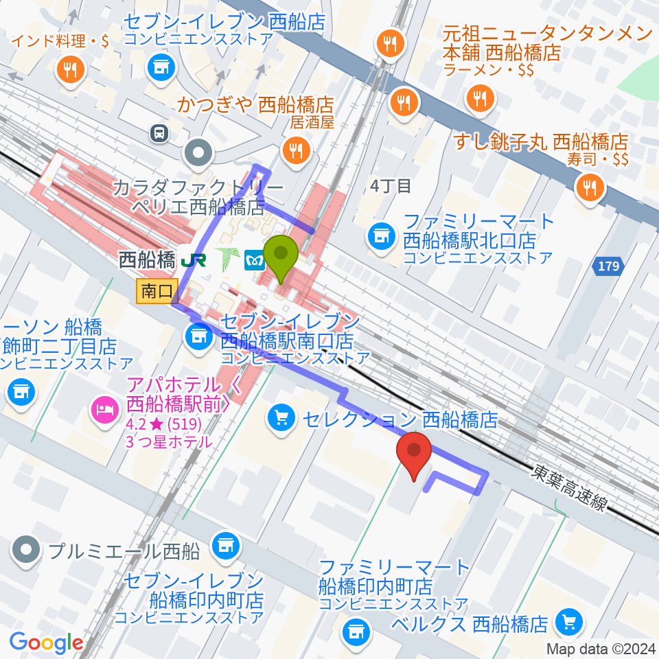 スズキ・メソード西船橋教室の最寄駅西船橋駅からの徒歩ルート（約3分）地図