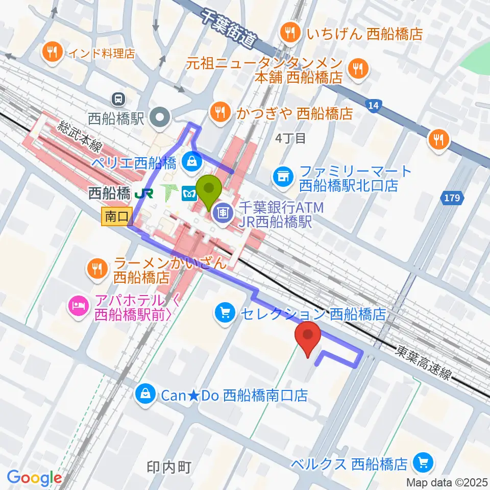 スズキ・メソード西船橋教室の最寄駅西船橋駅からの徒歩ルート（約3分）地図