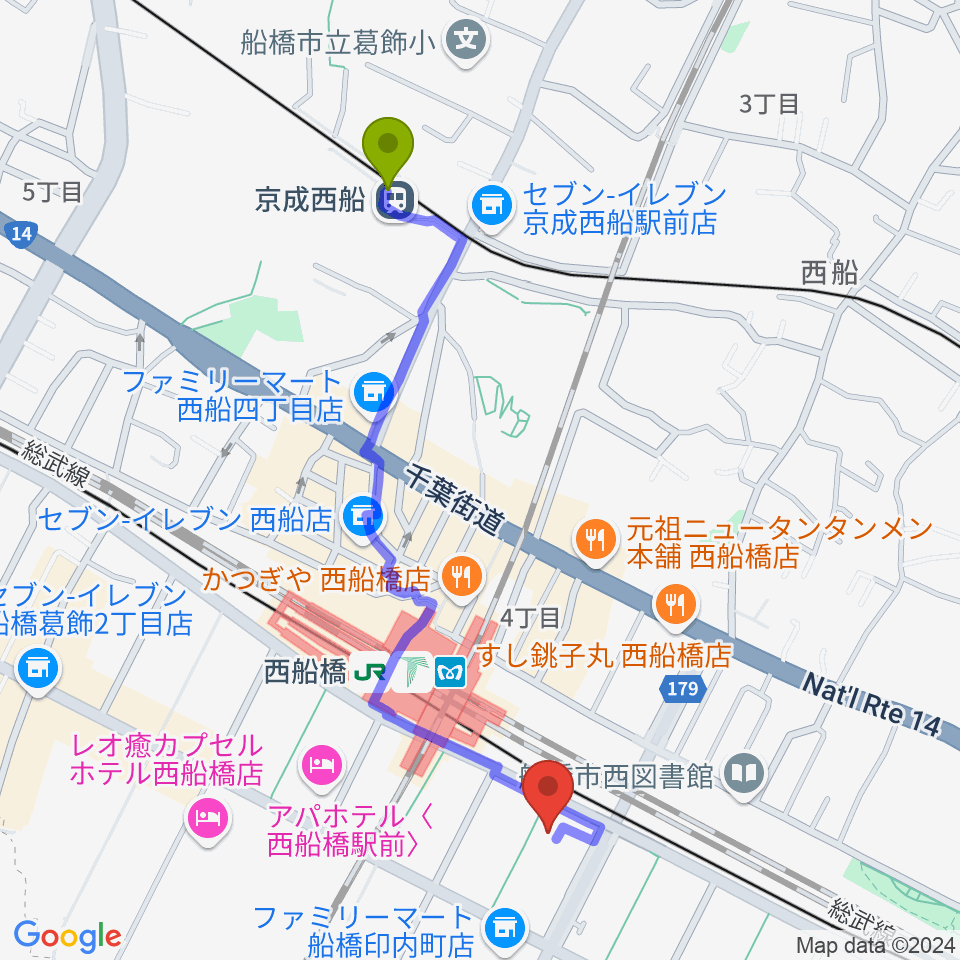 京成西船駅からスズキ・メソード西船橋教室へのルートマップ地図