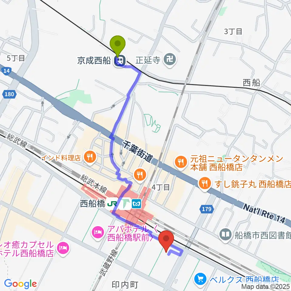 京成西船駅からスズキ・メソード西船橋教室へのルートマップ地図