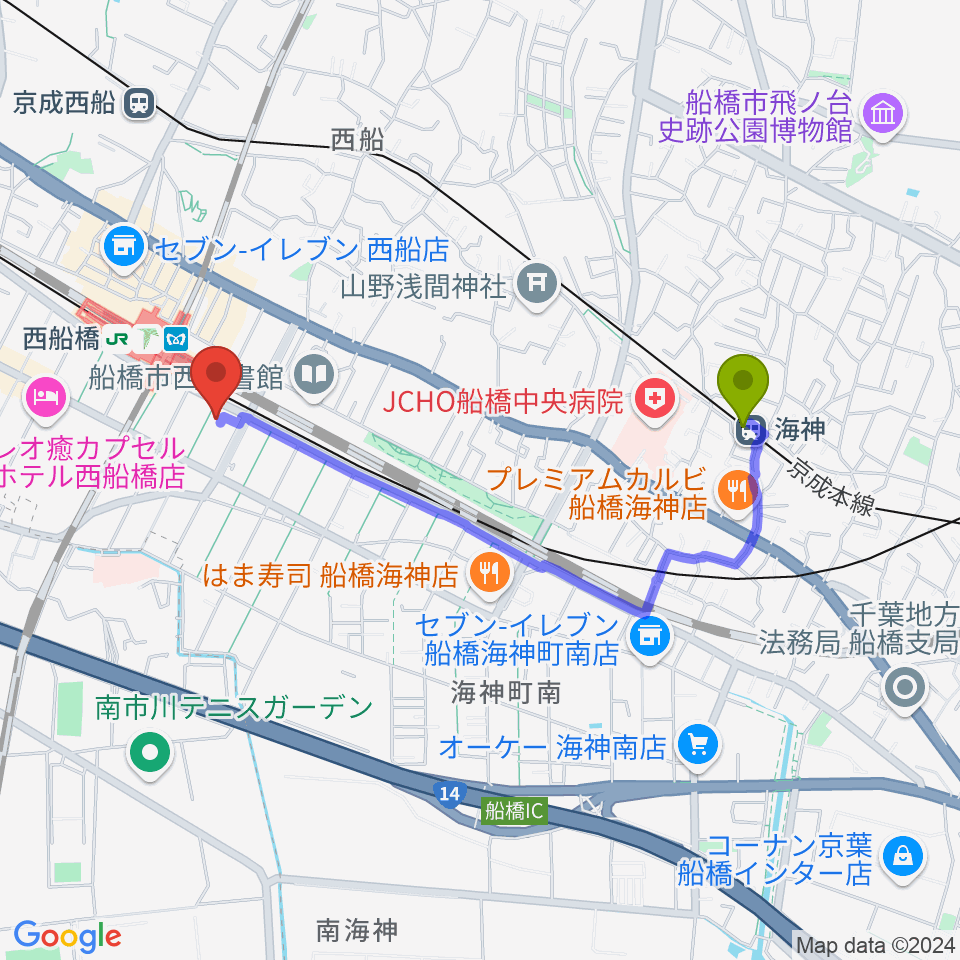 海神駅からスズキ・メソード西船橋教室へのルートマップ地図