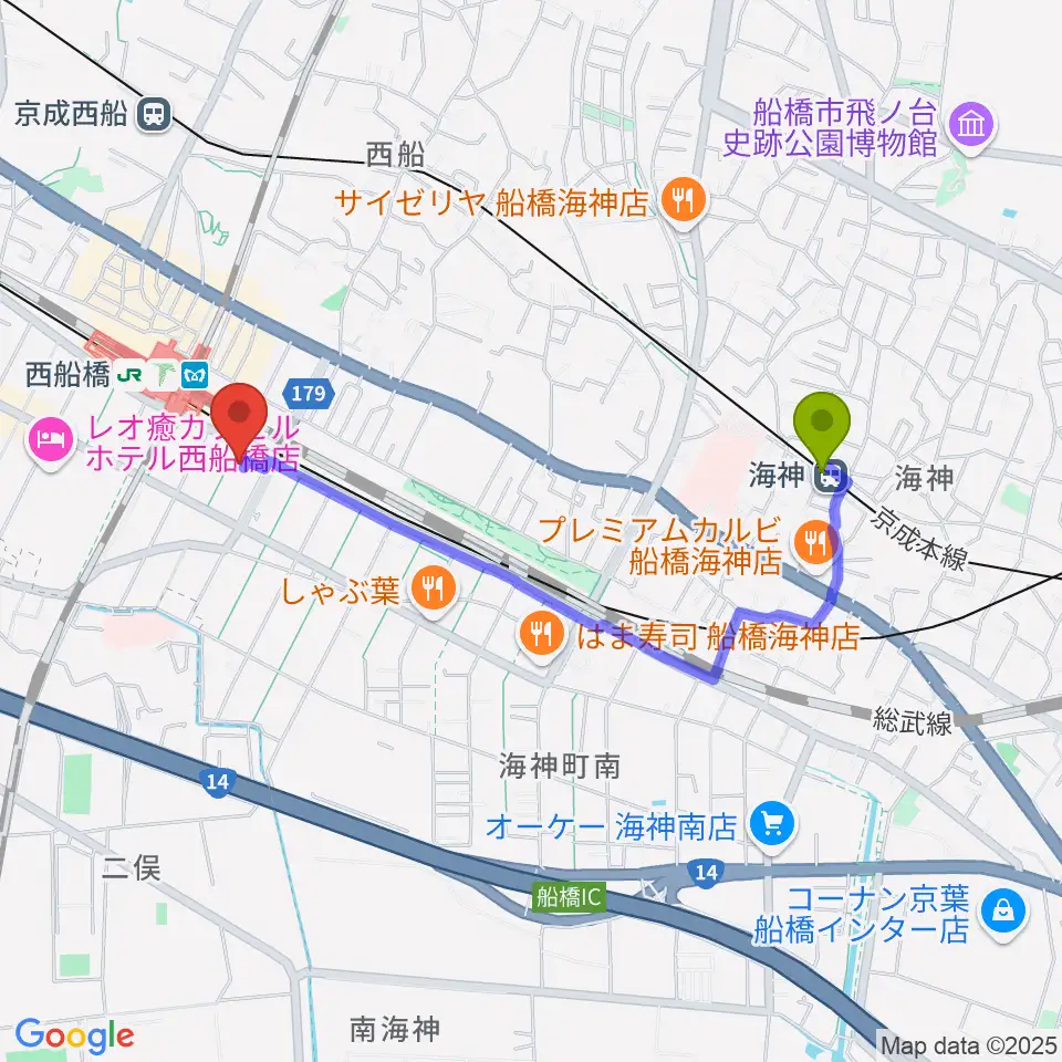 海神駅からスズキ・メソード西船橋教室へのルートマップ地図