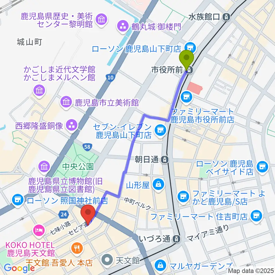 市役所前駅からIFF STUDIOへのルートマップ地図