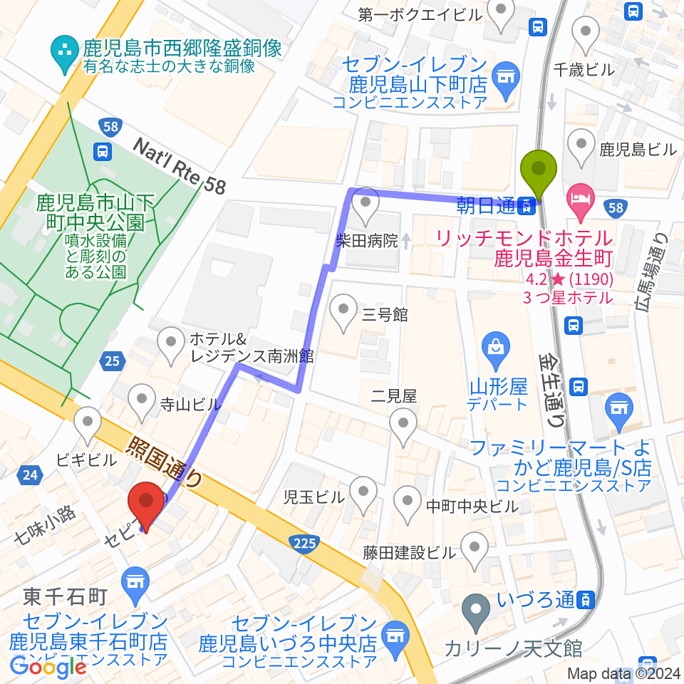朝日通駅からIFF STUDIOへのルートマップ地図