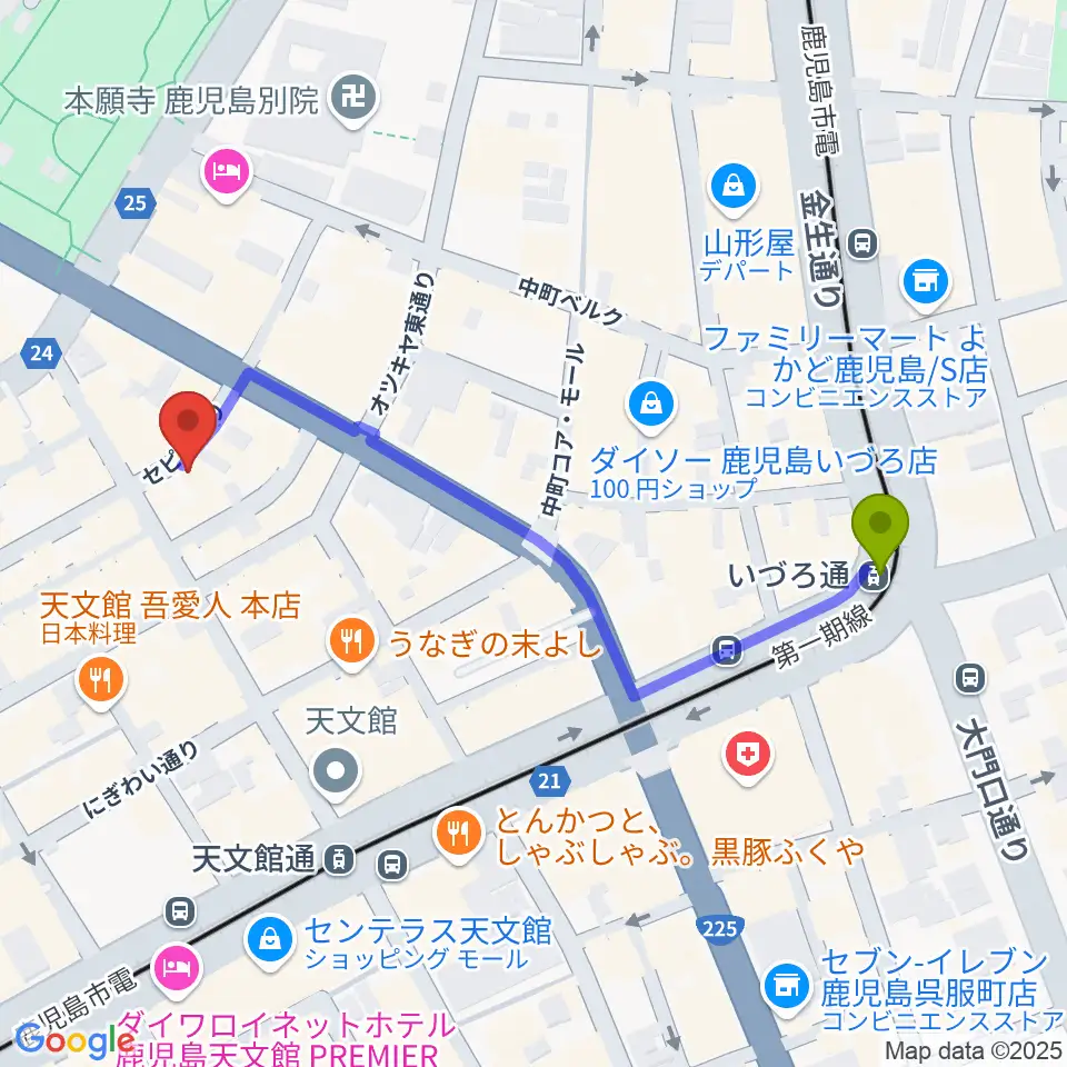 いづろ通駅からIFF STUDIOへのルートマップ地図
