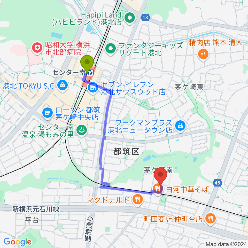 センター南駅からエルフラット本店ショールームへのルートマップ地図