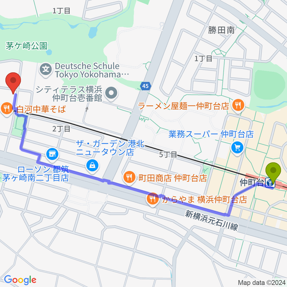 エルフラット本店ショールームの最寄駅仲町台駅からの徒歩ルート（約15分）地図