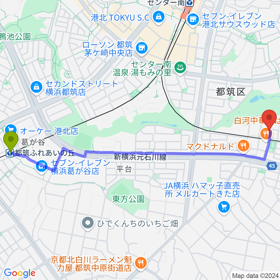 都筑ふれあいの丘駅からエルフラット本店ショールームへのルートマップ地図