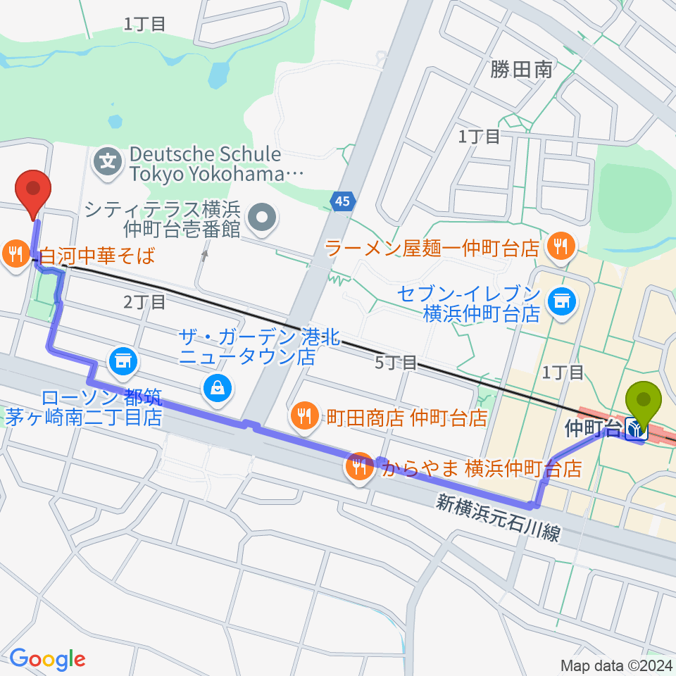 エルフラット本店レンタルスタジオの最寄駅仲町台駅からの徒歩ルート（約15分）地図