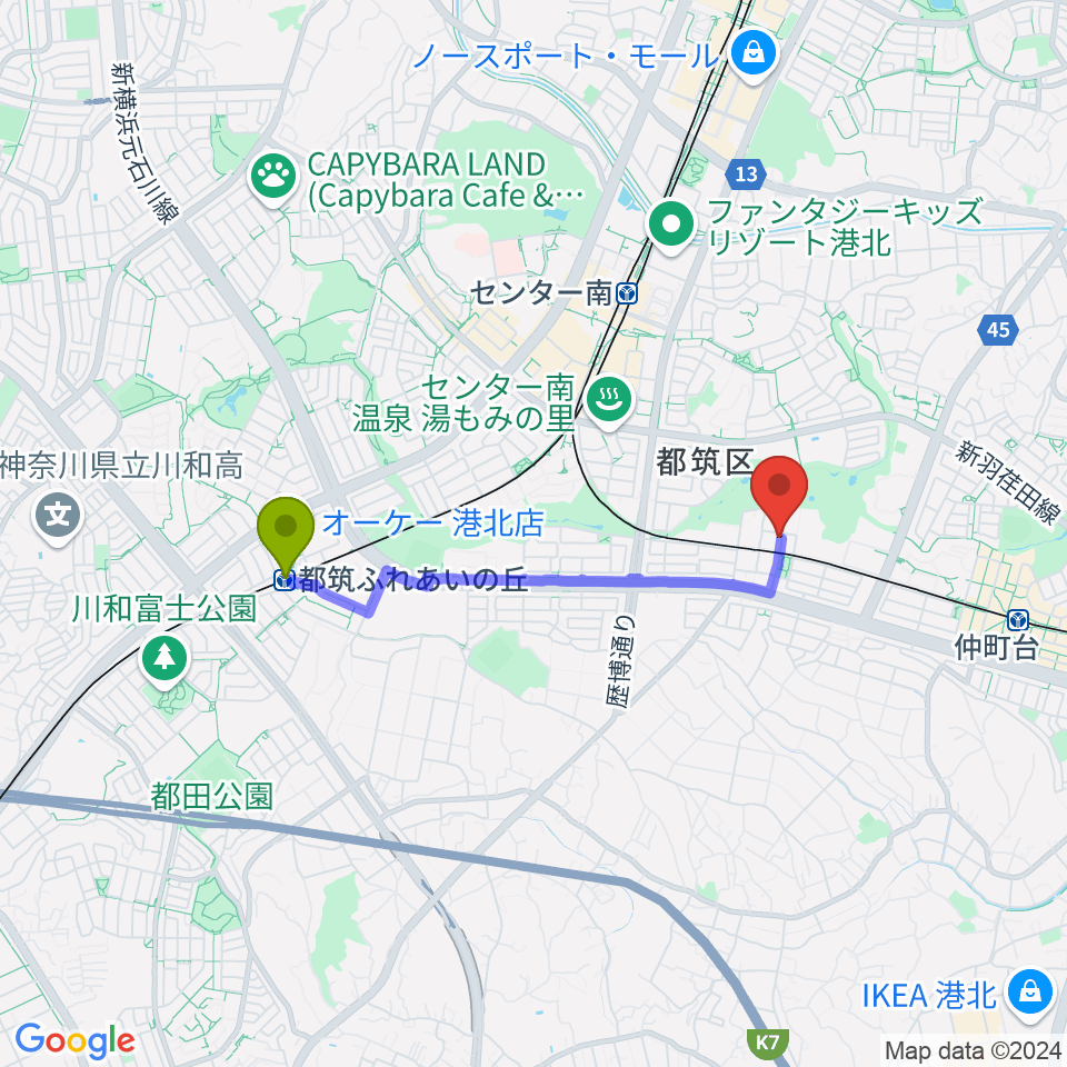 都筑ふれあいの丘駅からエルフラット本店レンタルスタジオへのルートマップ地図