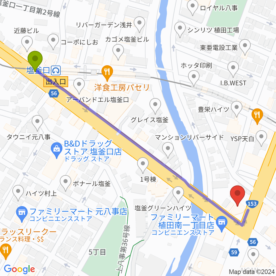第一楽器 植田店の最寄駅塩釜口駅からの徒歩ルート（約7分）地図