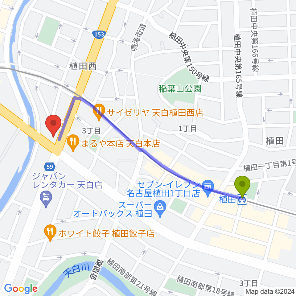 植田駅から第一楽器 植田店へのルートマップ地図
