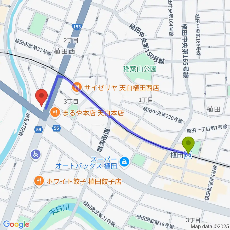 植田駅から第一楽器 植田店へのルートマップ地図