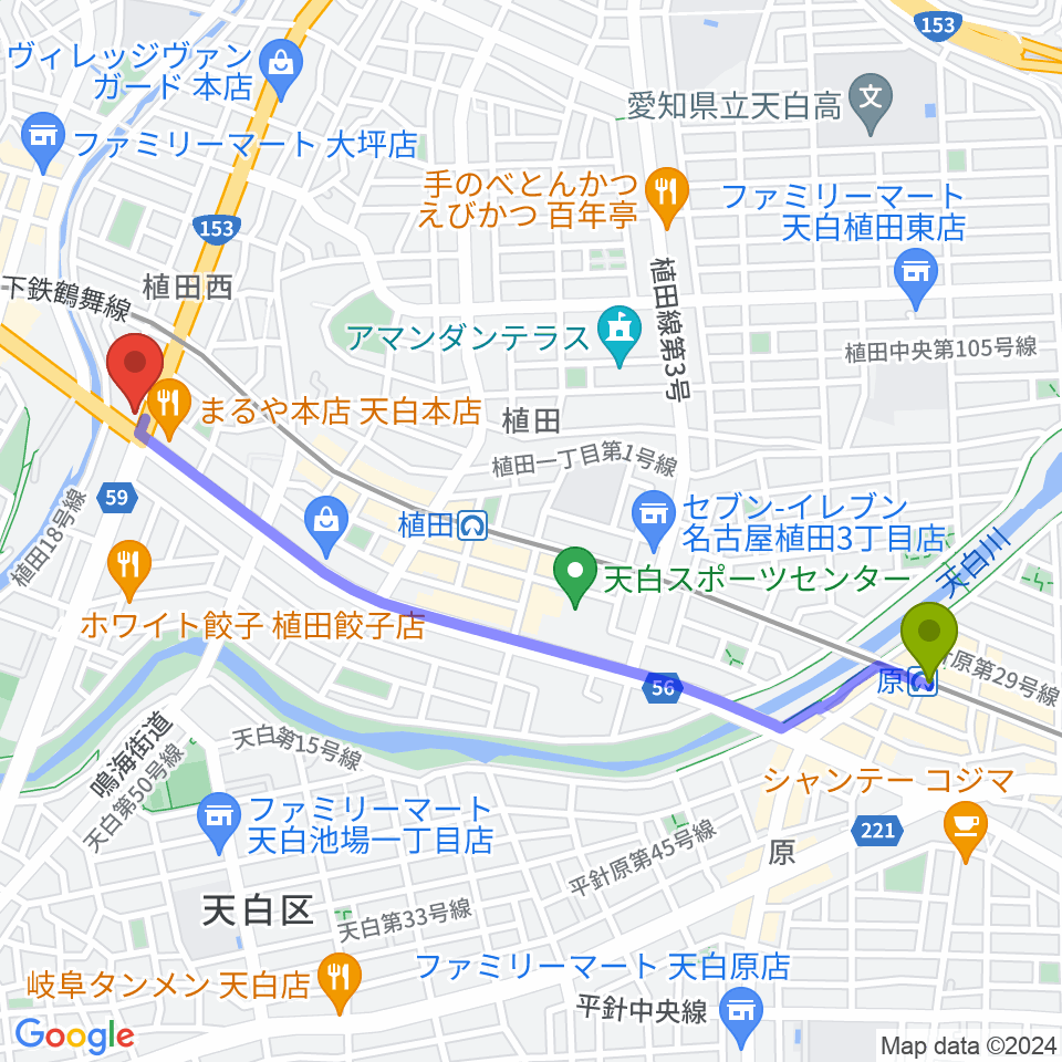 原駅から第一楽器 植田店へのルートマップ地図