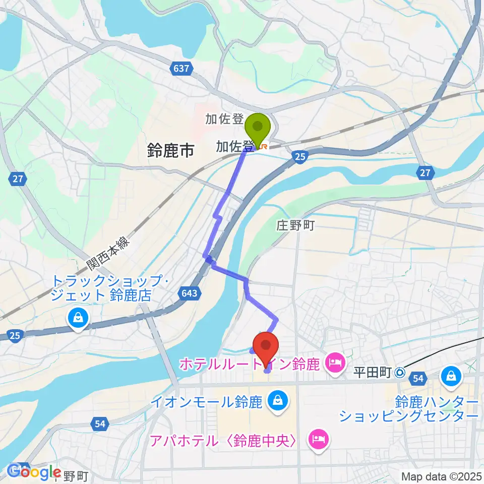 加佐登駅から第一楽器 鈴鹿平田センターへのルートマップ地図