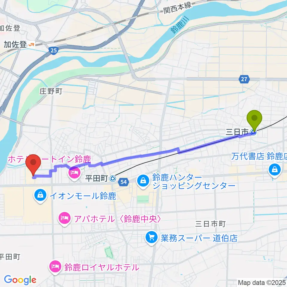 三日市駅から第一楽器 鈴鹿平田センターへのルートマップ地図