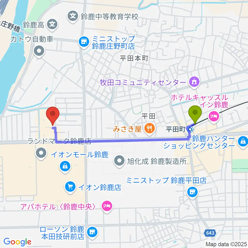 第一楽器 鈴鹿平田センターの最寄駅平田町駅からの徒歩ルート（約18分）地図