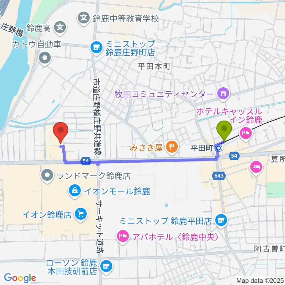 第一楽器 鈴鹿平田センターの最寄駅平田町駅からの徒歩ルート（約18分）地図