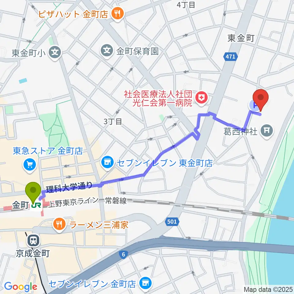 うえのおんがくじゅく かなまちの最寄駅金町駅からの徒歩ルート（約13分）地図