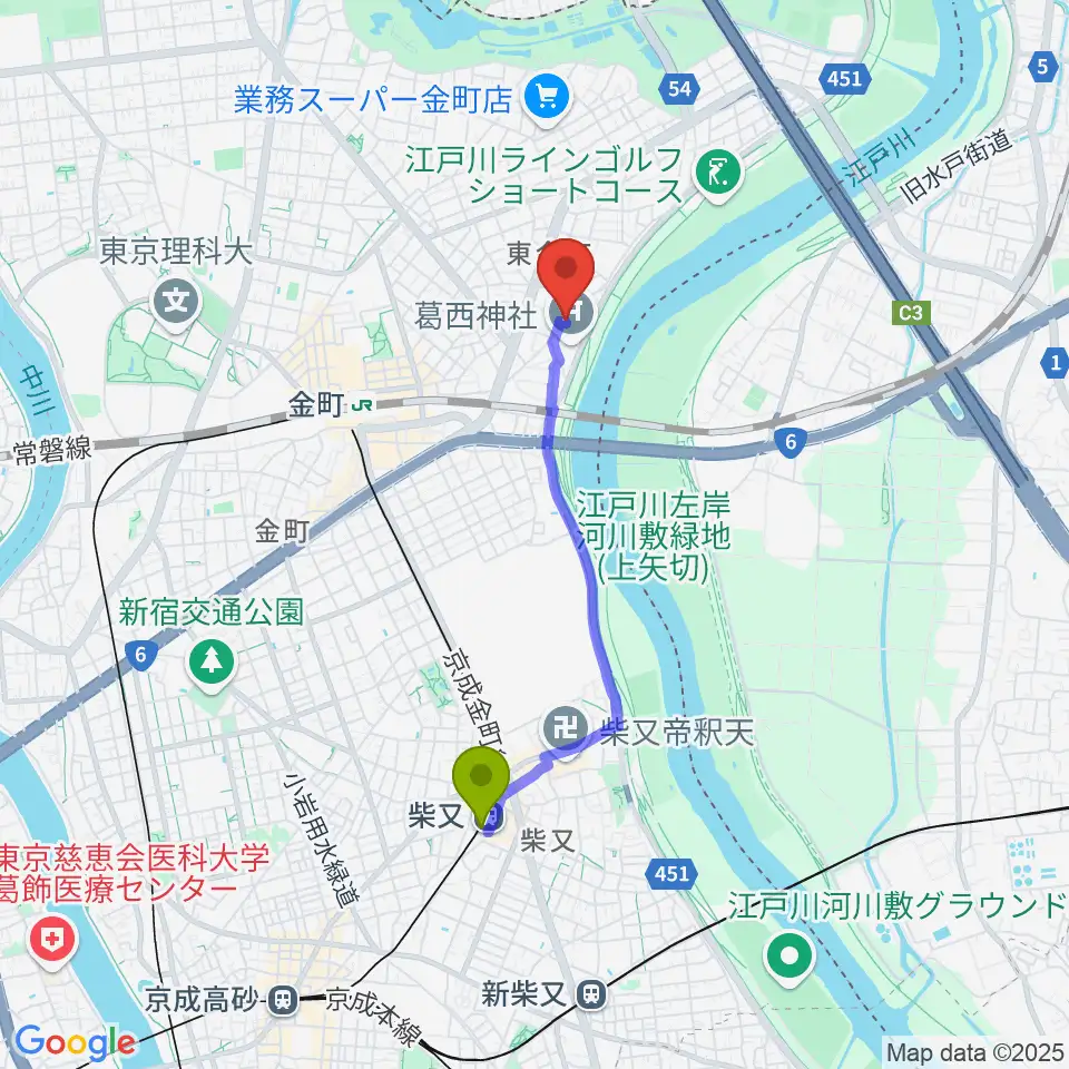 柴又駅からうえのおんがくじゅく かなまちへのルートマップ地図