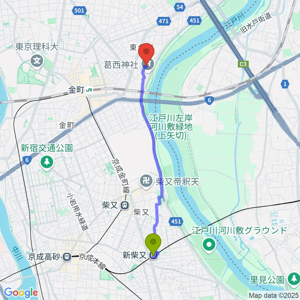 新柴又駅からうえのおんがくじゅく かなまちへのルートマップ地図