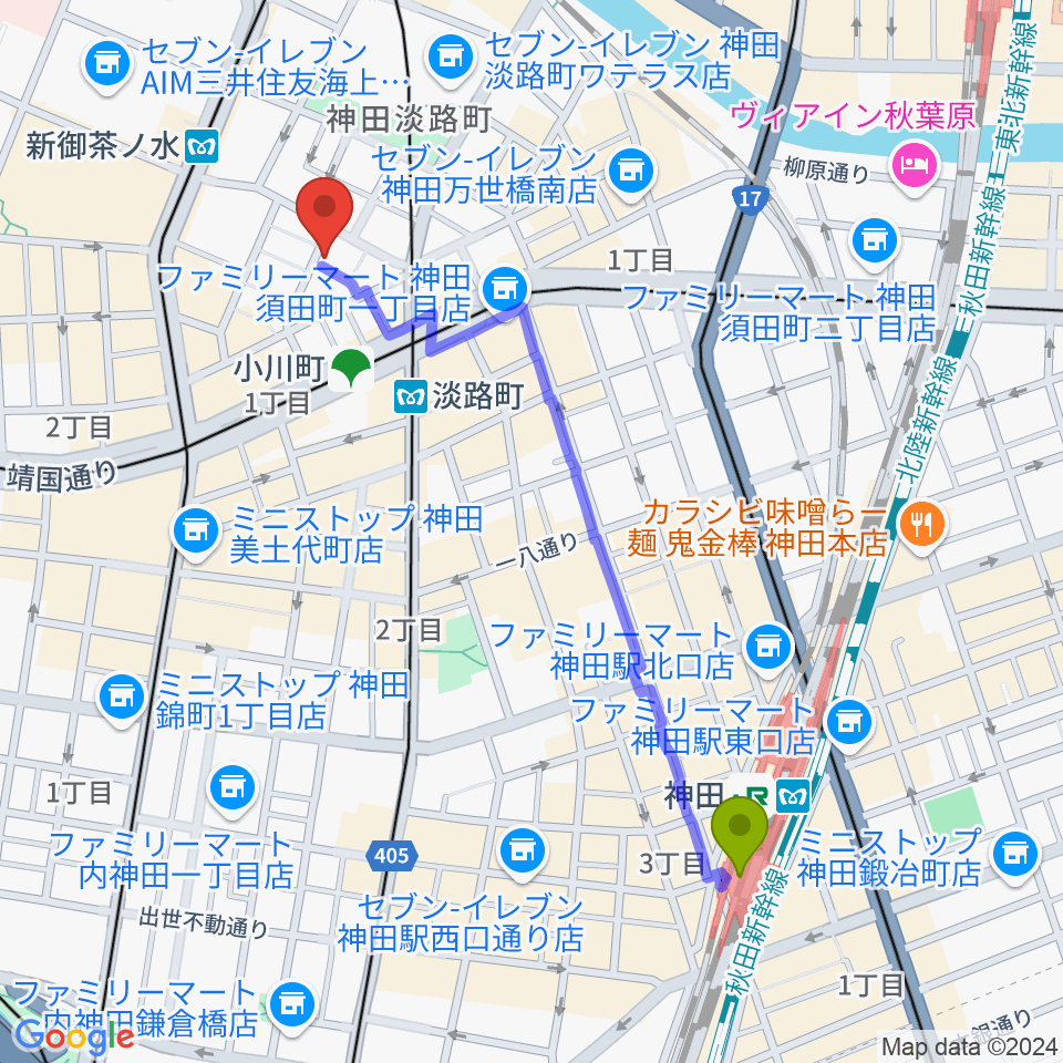 神田駅から吉野幸子ボサノヴァギター&ボーカルスクールへのルートマップ地図