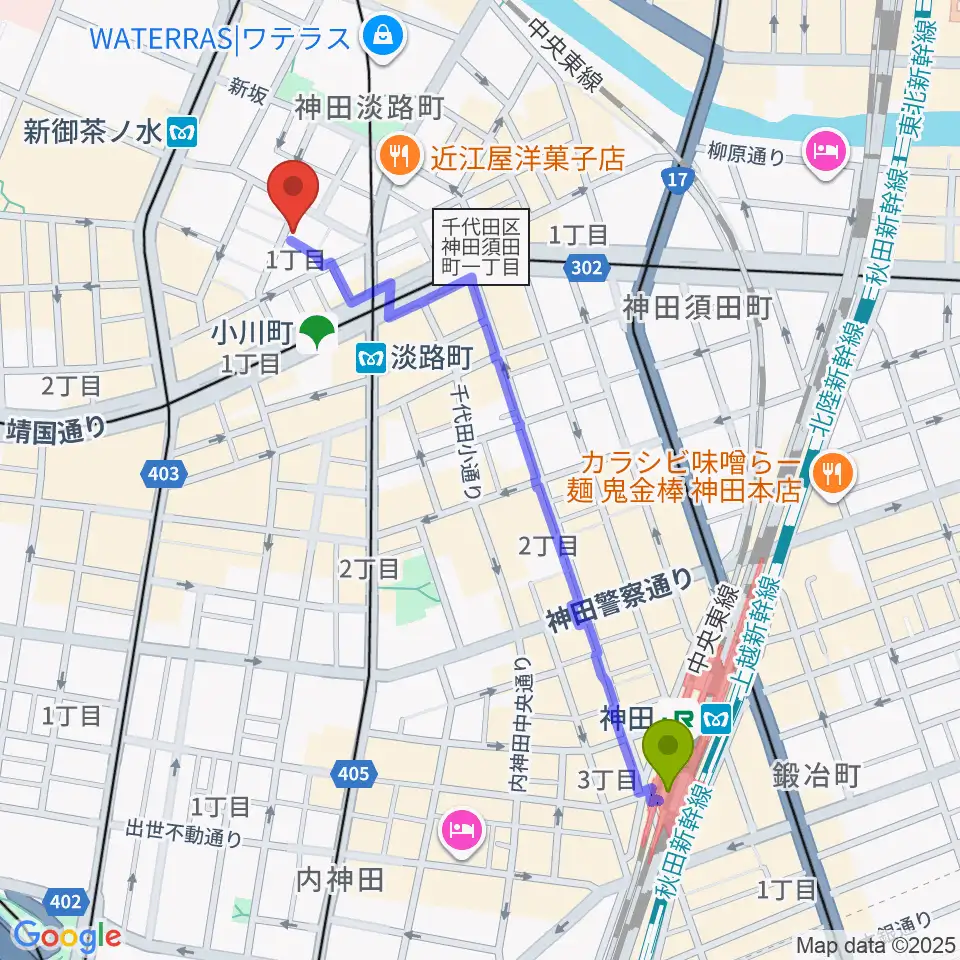 神田駅から吉野幸子ボサノヴァギター&ボーカルスクールへのルートマップ地図