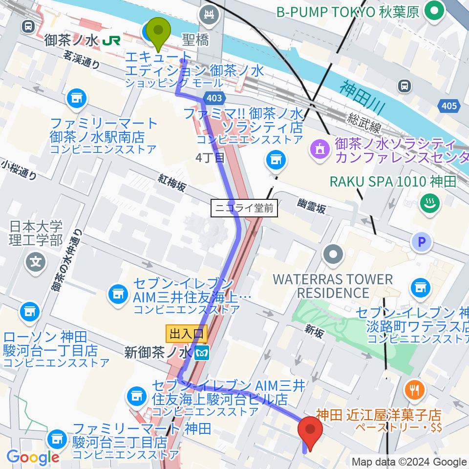 御茶ノ水駅から吉野幸子ボサノヴァギター&ボーカルスクールへのルートマップ地図