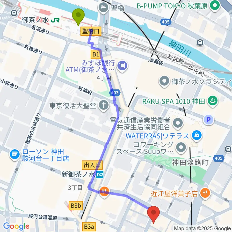 御茶ノ水駅から吉野幸子ボサノヴァギター&ボーカルスクールへのルートマップ地図