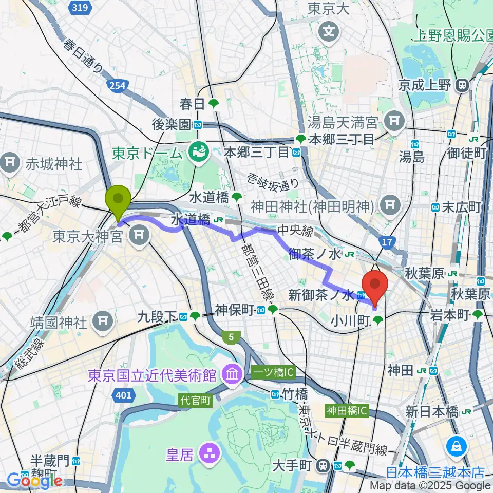 飯田橋駅から吉野幸子ボサノヴァギター&ボーカルスクールへのルートマップ地図