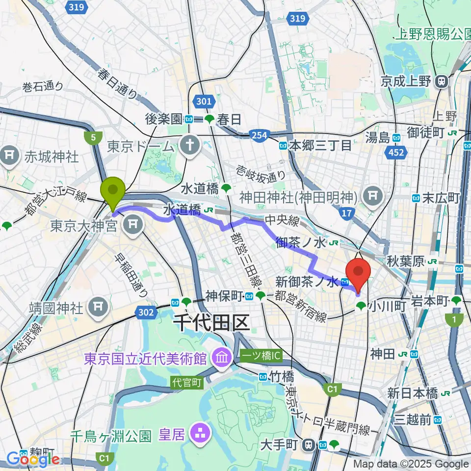 飯田橋駅から吉野幸子ボサノヴァギター&ボーカルスクールへのルートマップ地図