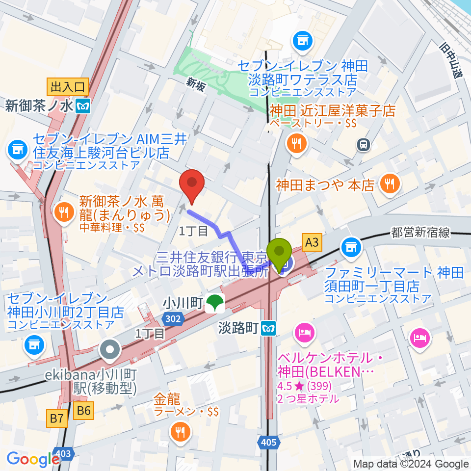 吉野幸子ボサノヴァギター&ボーカルスクールの最寄駅淡路町駅からの徒歩ルート（約2分）地図