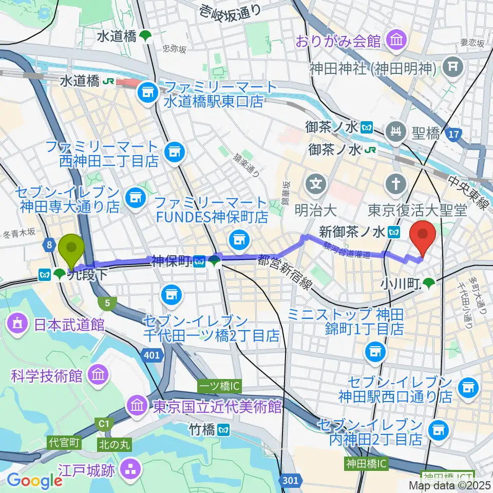九段下駅から吉野幸子ボサノヴァギター&ボーカルスクールへのルートマップ地図