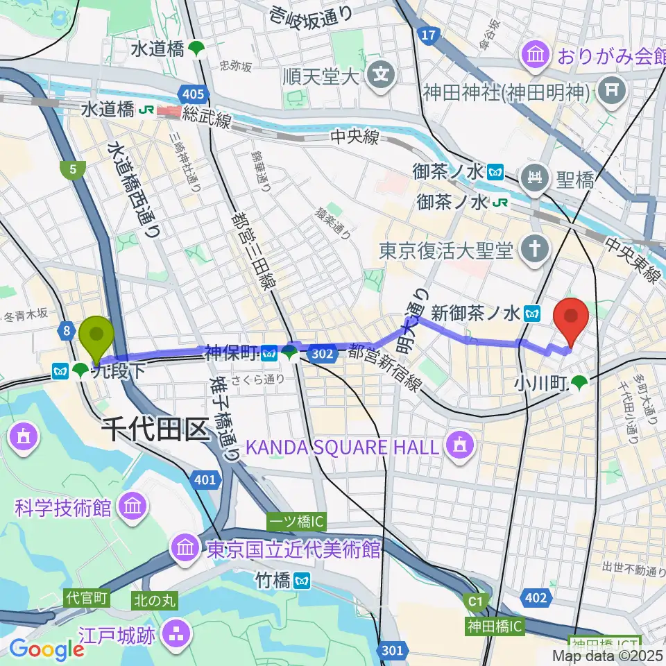 九段下駅から吉野幸子ボサノヴァギター&ボーカルスクールへのルートマップ地図