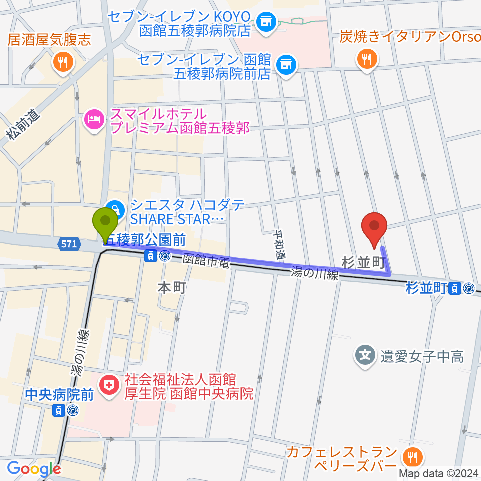 五稜郭公園前駅から有限会社サウンドパパへのルートマップ地図