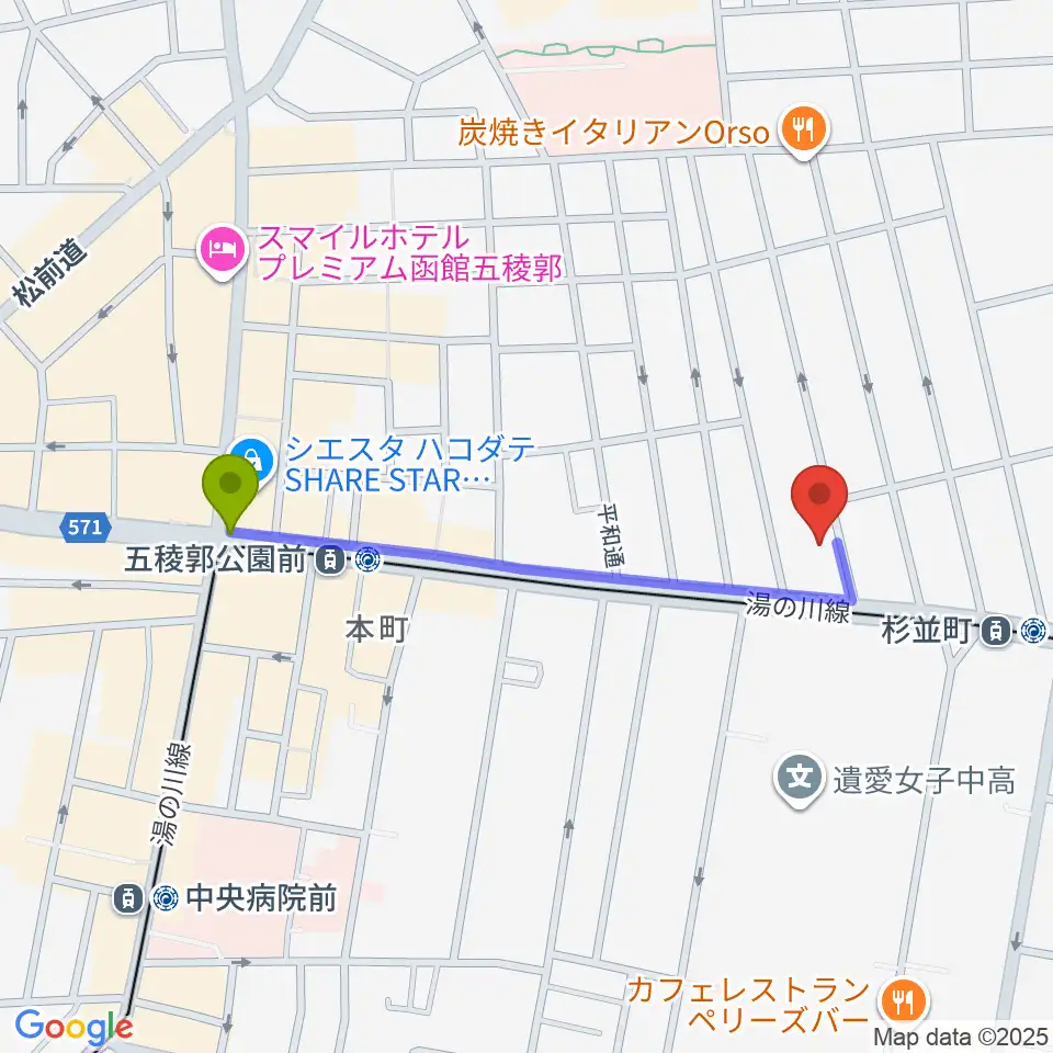 五稜郭公園前駅から有限会社サウンドパパへのルートマップ地図