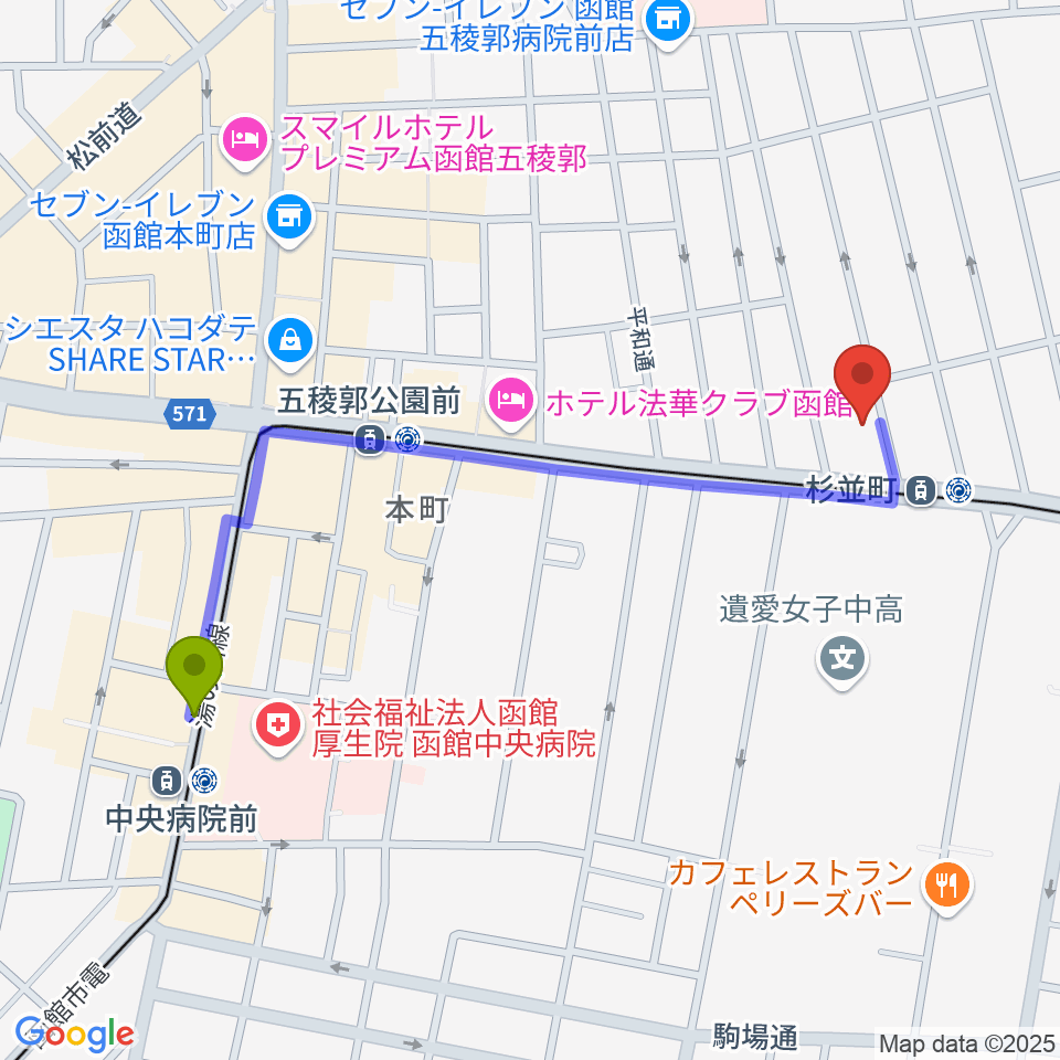 中央病院前駅から有限会社サウンドパパへのルートマップ地図