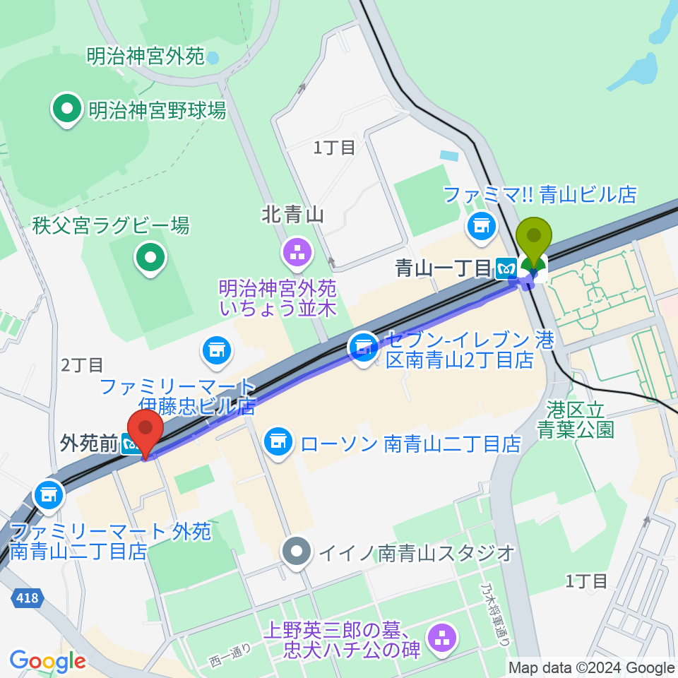 青山一丁目駅からココデシカへのルートマップ地図