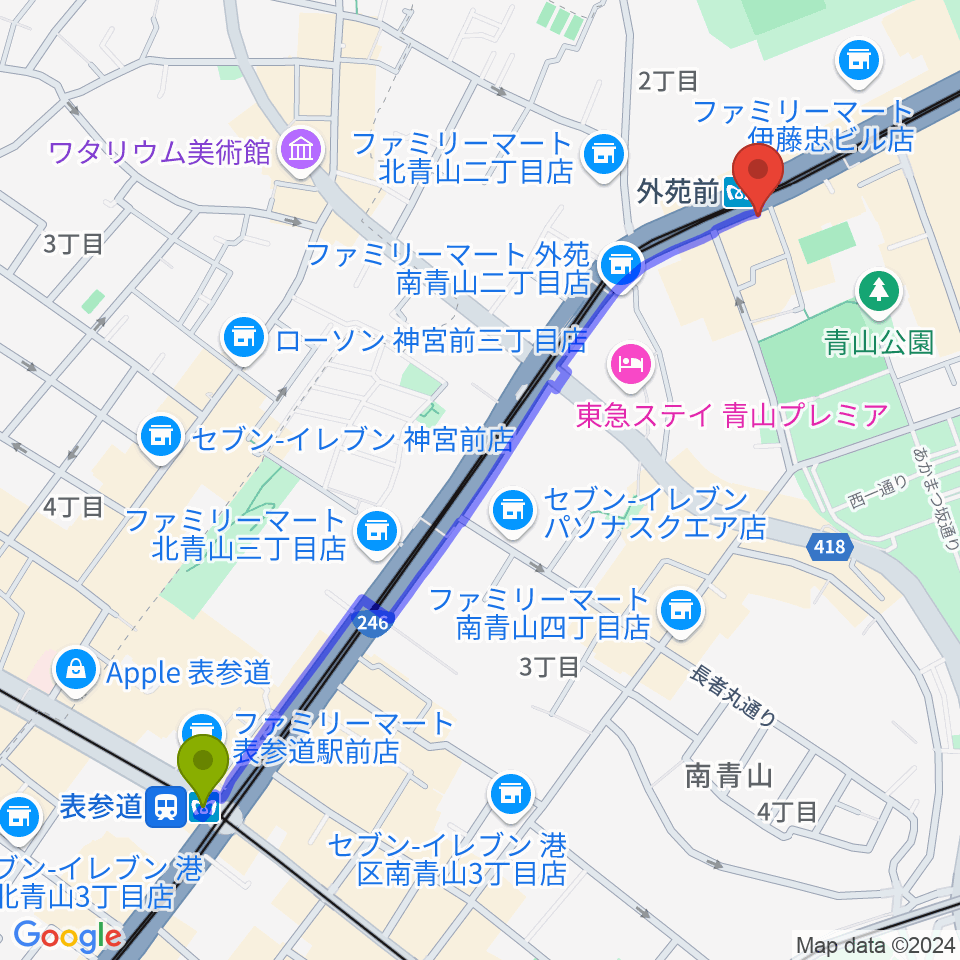 表参道駅からココデシカへのルートマップ地図