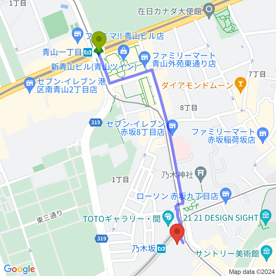 青山一丁目駅からMONSTER STUDIO 乃木坂へのルートマップ地図