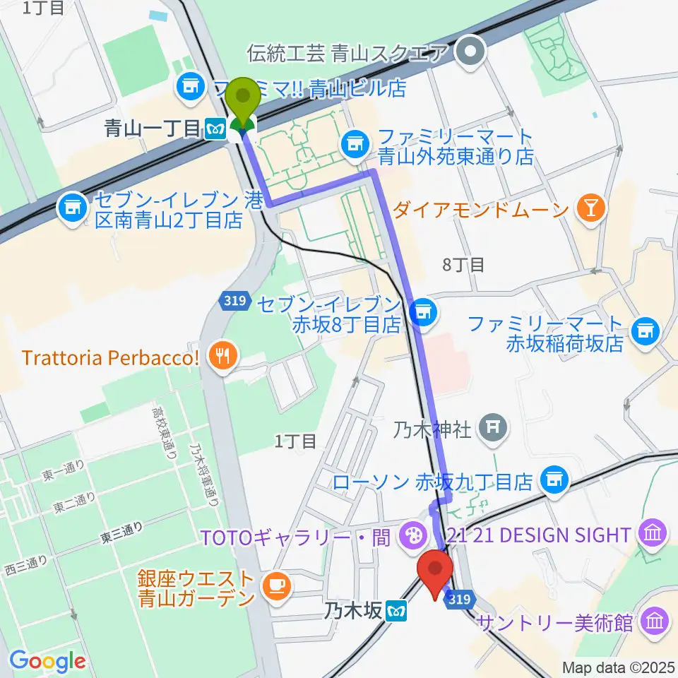 青山一丁目駅からMONSTER STUDIO 乃木坂へのルートマップ地図