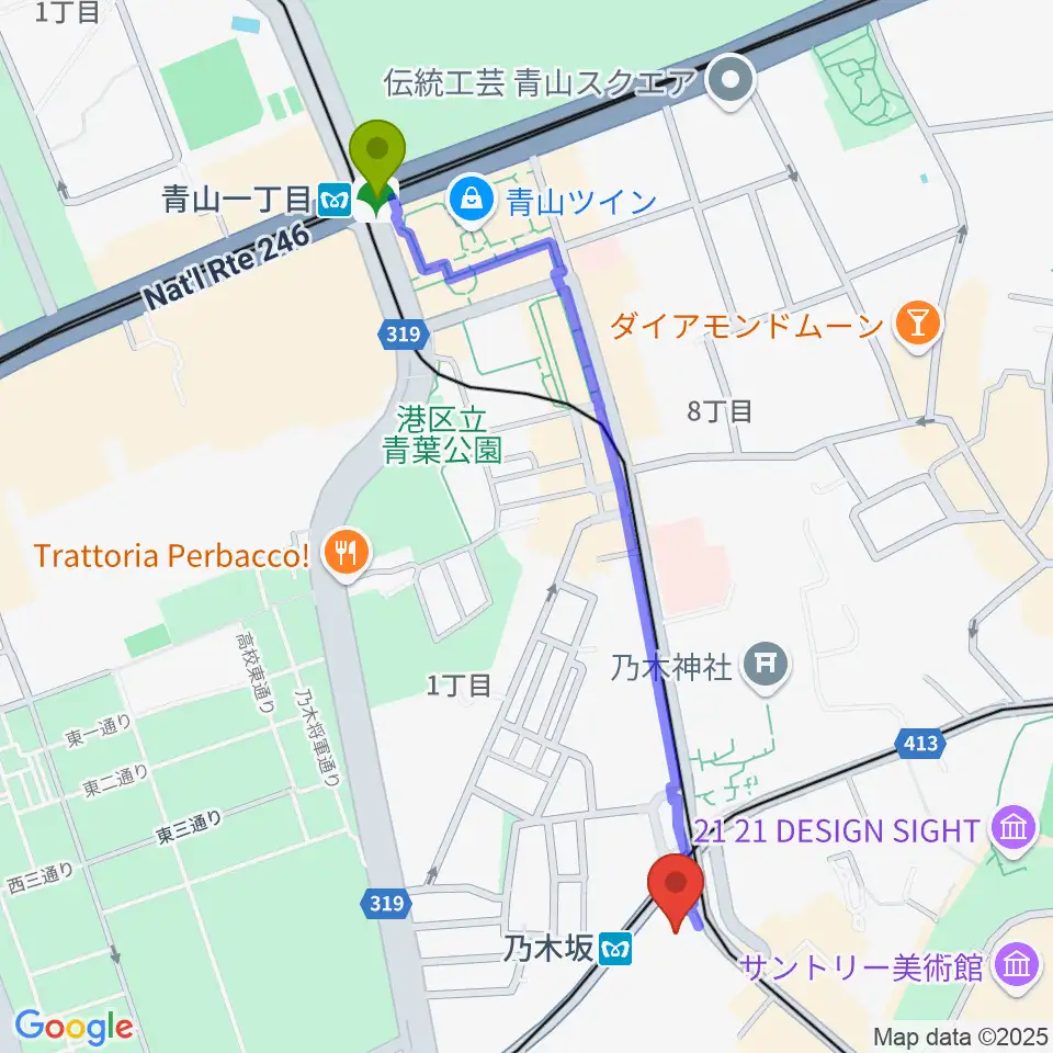 青山一丁目駅からMONSTER STUDIO 乃木坂へのルートマップ地図